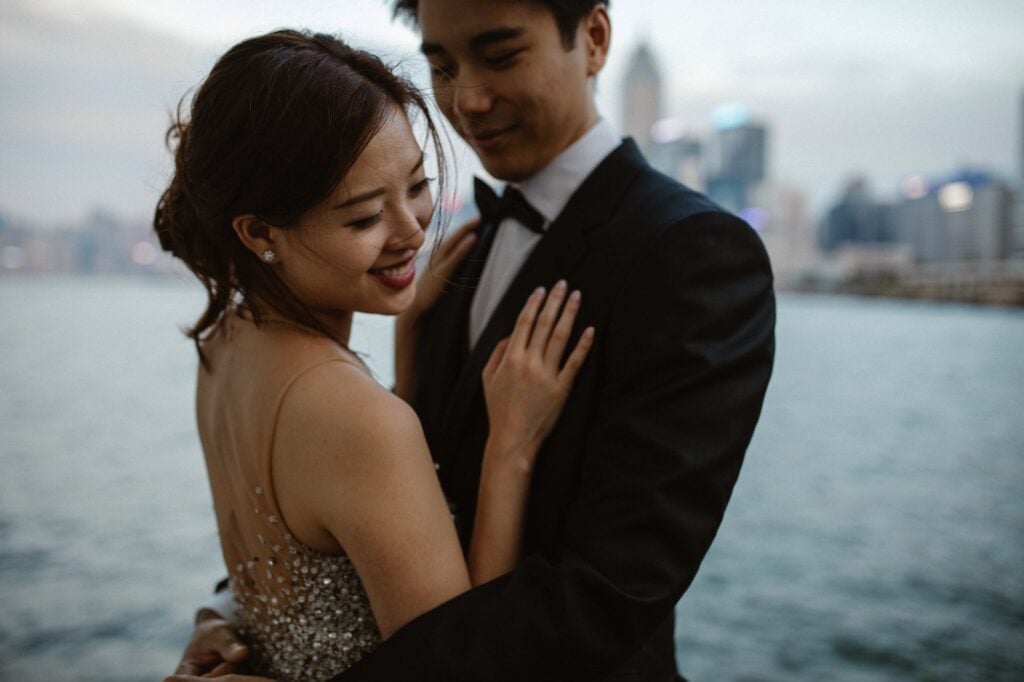 Couple on wedding portrait shoot at Victoria Harbour, Hong Kong
