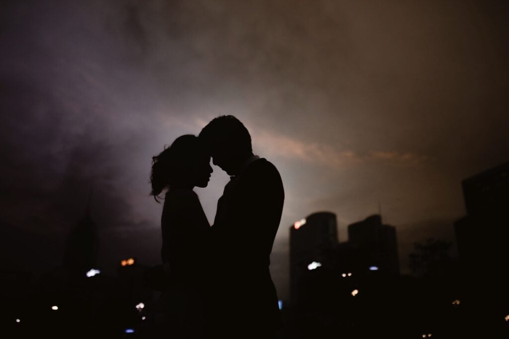 Sillouete of Couple in front of Hong Kong Skyline at night
