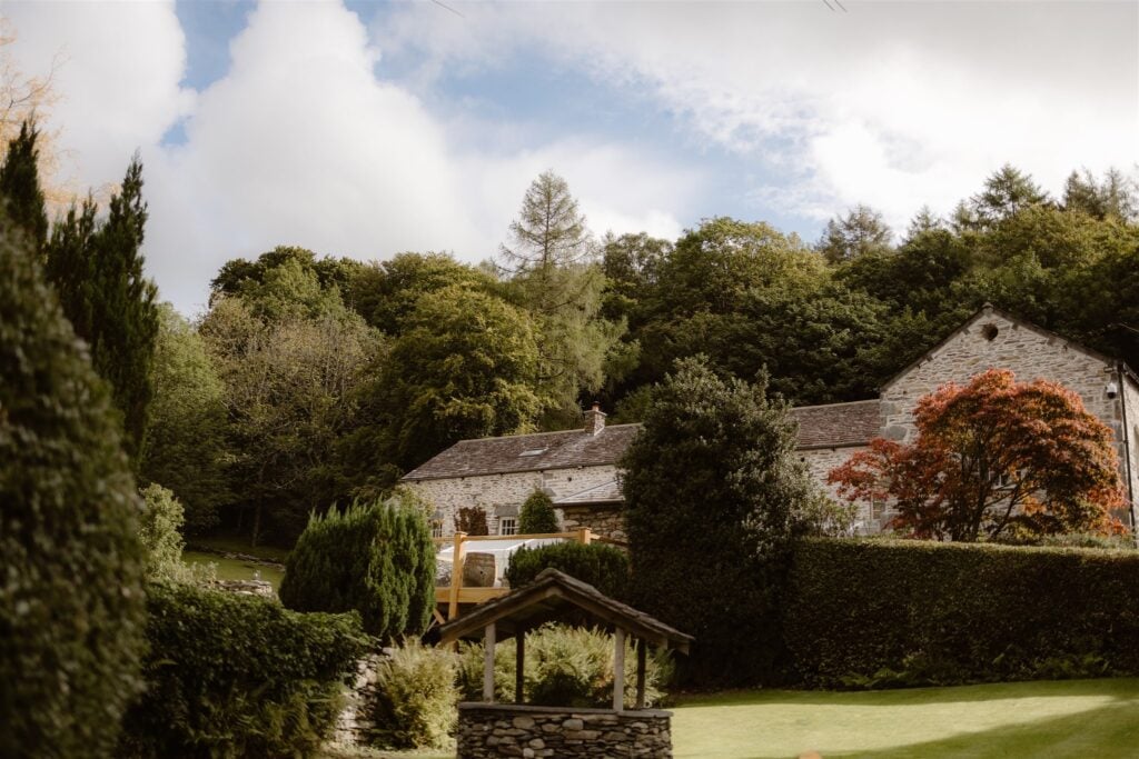 Cottage in lush greenery landscape