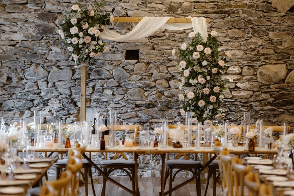 Rustic wedding reception with floral decorations