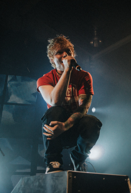 Image of Ed Sheeran singing to fans crouched down at a concert