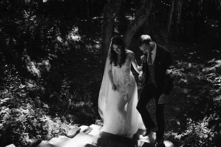 Image of Groom helping bride up some steps