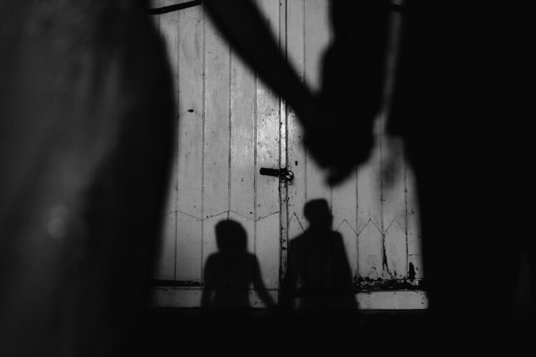 Silhouette of couple holding hands in front of wooden gates