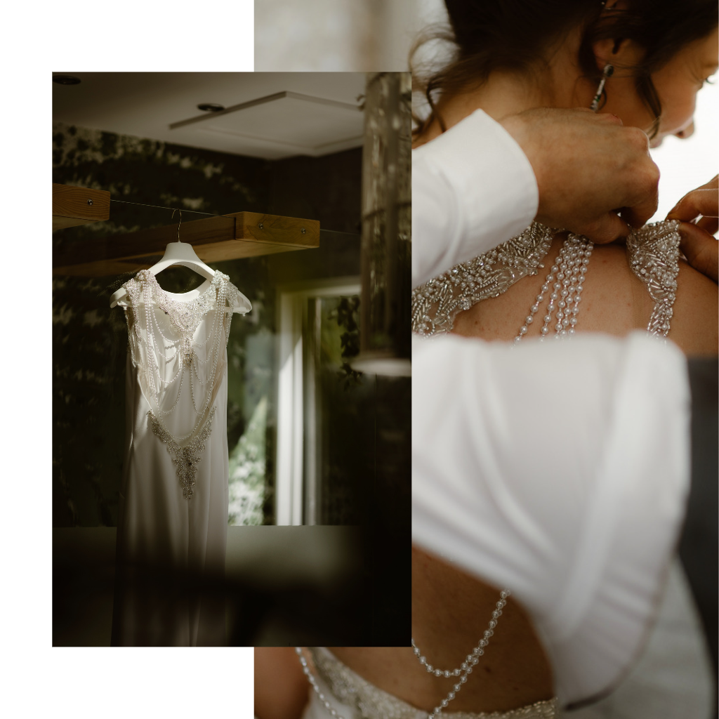 Collage of Wedding Dress hanging and then the Bride being helped into her wedding dress