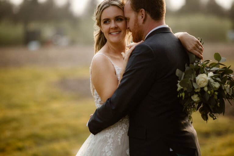 Couple in the grounds of Low house on their wedding day
