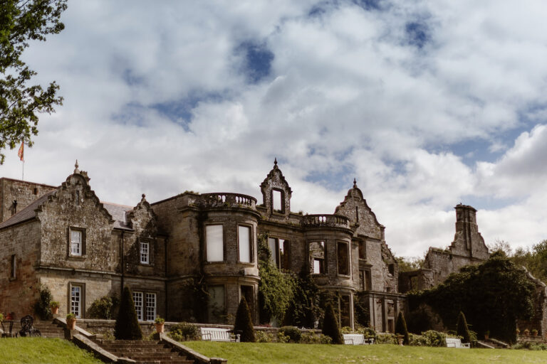 Historic ruins of wedding venue Kirklinton Hall exterior.