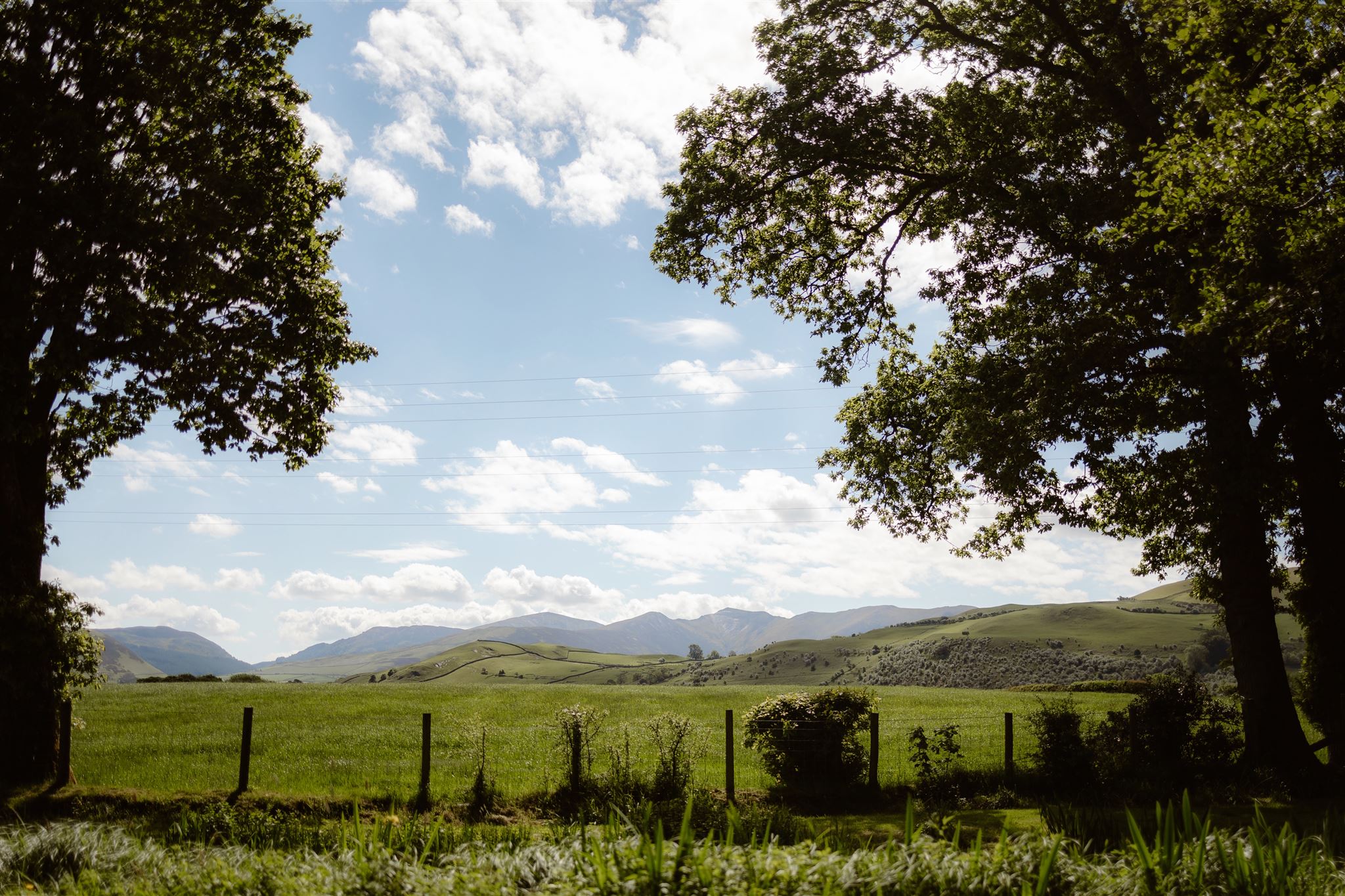 A scenic view of a green field bordered by a wooden fence near Low Hall, with rolling hills and mountains in the background. Large trees frame the image on both sides under a partly cloudy sky.